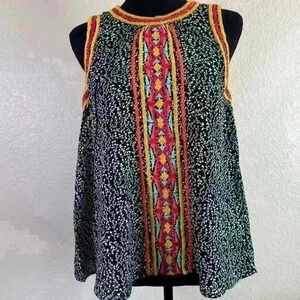 THML Sleeveless Embroidered Top Multicolor Mixed Media Relaxed Fit Women Size XS